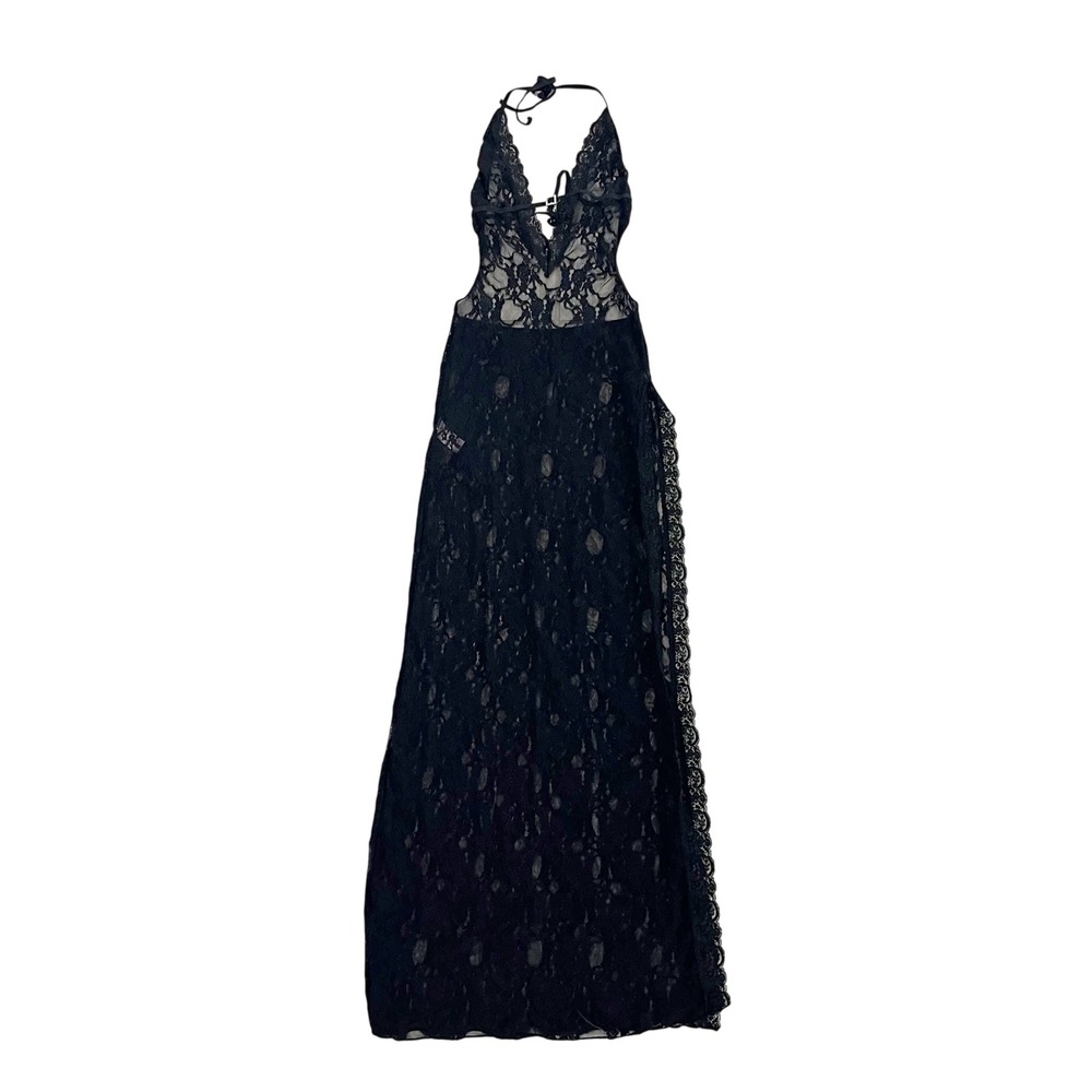 Leg Avenue Black Lace Halter Maxi Dress Rhinestone Buckle Slit Chemise Sexy - OS